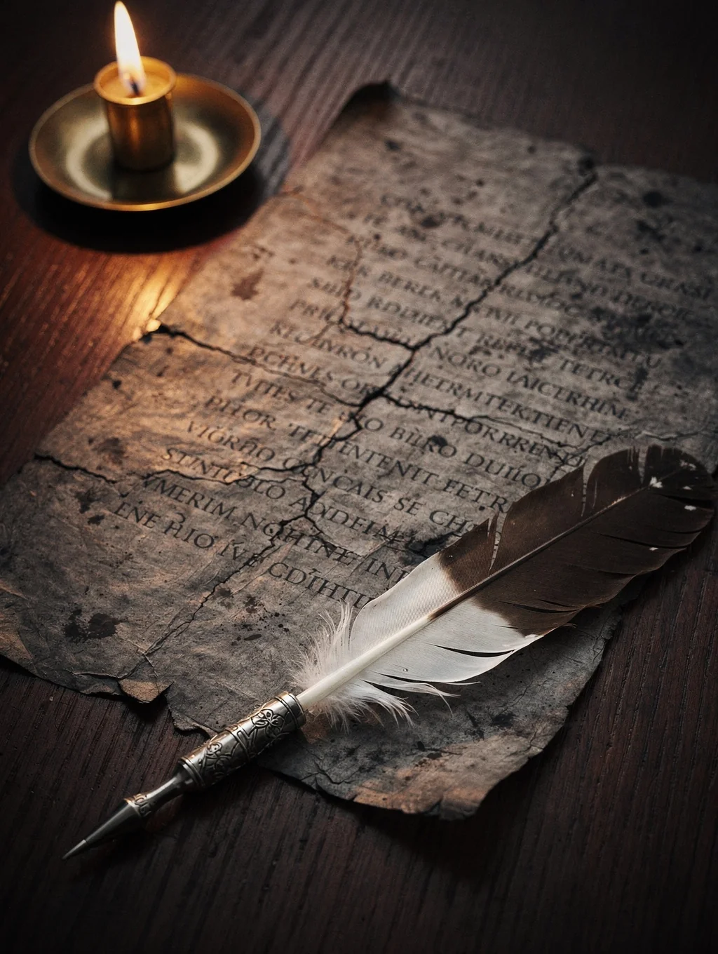 A candle beside an ancient scroll from the excavation archive